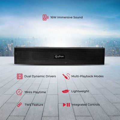 PTron Fusion Wave w/ 16W Stereo Sound, Dual Drivers, Lightweight Portable, TWS Feature 16 W Bluetooth Soundbar  (Black, Stereo Channel)
