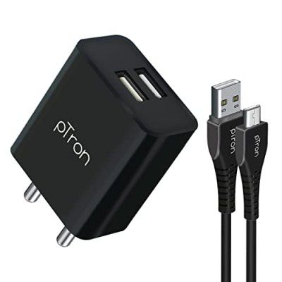 pTron Volta Dual Port 12W Smart USB Charger Adapter with 1M Micro USB Cable, Multi-Layer Protection, Made in India, BIS Certified, Fast Charging Adaptor for All iOS & Android Devices (Black)