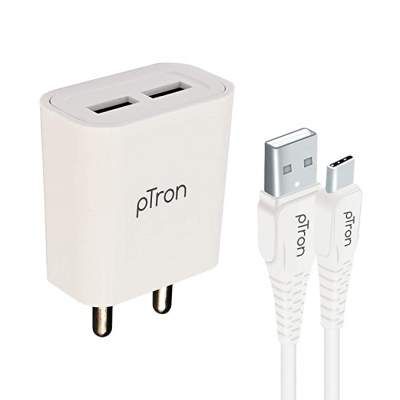 pTron Volta Evo 12W Single USB Smart Charger with 2.4A Type-C USB 1-Meter Cable, Made in India, BIS Certified Fast Charging Power Adaptor