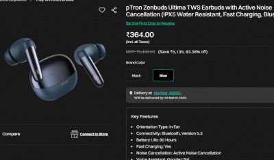 pTron Zenbuds Ultima TWS Earbuds with Active Noise Cancellation (IPX5 Water Resistant, Fast Charging, Blue)