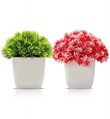 PUHUHP Artificial Beautiful Cute Mini Flower Plants with Pot Plastic Green and Red Grass Fake Topiaries Shrubs for Home Decor Washroom and Office Decor Christmas Diwali Festive Decoration Set of Two