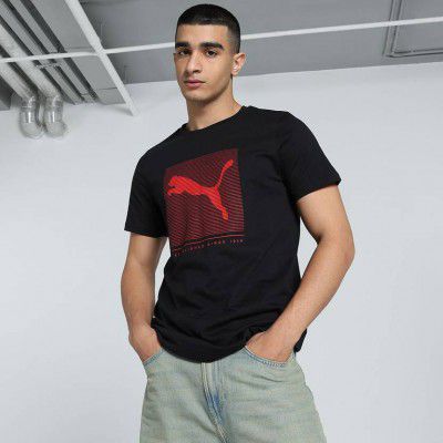 PUMA  ESS Striped Logo Graphic Men Printed Crew Neck Cotton Blend Black T-Shirt
