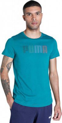 PUMA Multicolor Logo Tee Men Typography Round Neck Cotton Blend Green T-Shirt