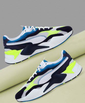 PUMA Unisex White Fluorescent Green Colourblocked RS-X Twill AirMesh Sneakers Sneakers For Men  (White)