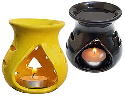 Pure Source India Ceramic Oil Burner Aroma Diffuser (Black & Yellow) -Set of 2