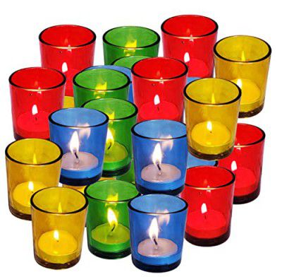 Pure Source India Multicolor Glass Votive Tealight Candle Holders - Living Room Side Table Home Decoration (Glass, Pack of 16, Christmas Decoration and Gifts