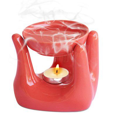 Pure Source India Oil Burner with 1 Tea Light Candle, Made by Porcelain (Red)