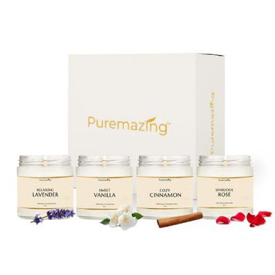 Puremazing Scented Soy Wax Candle Gift Set | Lavender, Vanilla, Rose, Cinnamon Scented Candle | 4 Fragrances | 30 Hours Burning Time | Eco-Friendly and Luxurious Home Décor and Gift
