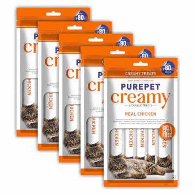 PUREPET Creamy Lickable Cat Treats Real Chicken, Pack of 5 X 75 G, Total 375 G Pack for All Life Stages