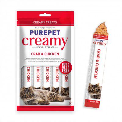 PurepetCreamy Cat lickable Treats, Crab & Chicken, Pack of 5 X 75 g, Total 375 g, All Life Stages