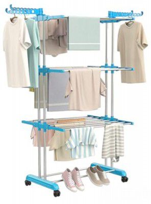 PureSell Premium Heavy Duty Stainless Steel Foldable Cloth Drying Stand (Blue, 3 Layer)