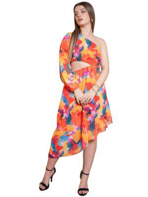 PURVAJA Women’s One Shoulder Below Knee Length Dress (Floe-031-033)