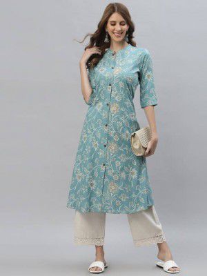 PYARELAL Women Floral Print Viscose Rayon A-line Kurta (Light Blue, Beige, White)