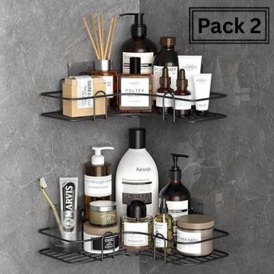 PYORIT Sticker Mounted Bathroom Corner (Number of Shelves - 2, Black)
