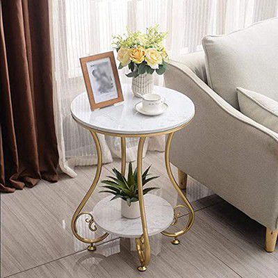 QEY RETI Wrought Iron Golden 2 Tier Round End Table Coffee Table Side Table Bedside Table Nightstand Side Corner