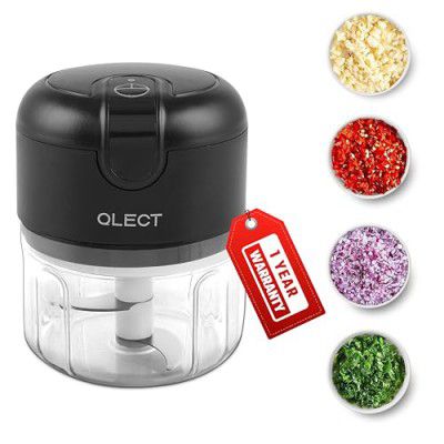 QLECT Vegetable Chopper For Kitchen Rechargeable Electric Use One Touch Operation Onion With Stainless Steel Blades Cutter Garlic,Ginger (Black-250 Ml30 Watts)