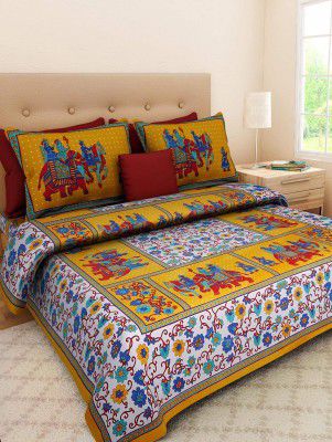 Qneenie Brand 144 TC 100% Pure Cotton Double Bedsheet with 2 Pillow Cover- Yellow