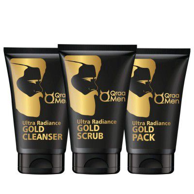 Qraa Men Ultra Radiance Gold Kit for Men- With 24K Gold | For Anti-ageing and Instant Glow, Pack of 3 Wash, Scrub and Pack