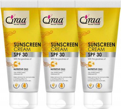 Qraa Sunscreen - SPF 30 , For Men & Women, Non-Greasy PA++++ Sunscreen Cream SPF 30|Helps Remove Tan|Helps in Sun Burn| Pack of 3  (150 g)