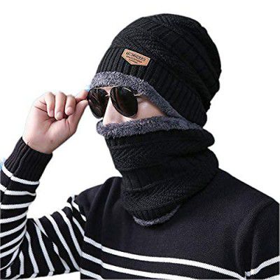 QRAFTINK Ultra Soft Unisex Woolen Beanie Cap Plus Neck Warmer Muffler Scarf Set