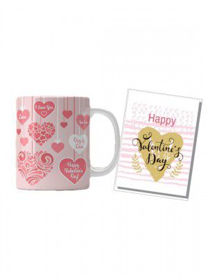 Quace MugandGreetingCard White & Pink Printed Ceramic Matte Mug With Card 325 ml