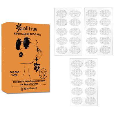 QualiTrue Ear Lobe Tape/Invisible Ear lobe Support Patch For Heavy Earrings, Ear Lifter Transparent Waterproof Medical Sticker Patches for Long Time Wearing Ear Hole Closer (Pack of 30)