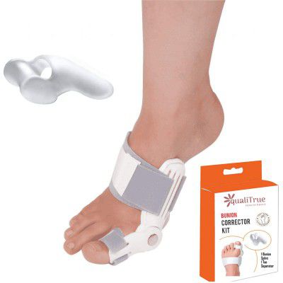 QualiTrue Toe Separator For Women & Men Bunion Corrector Splint Kit For Toe Straightener And Foot Thumb Support For Pain Relief Orthopedic Tight Fitting Hallux Valgus (1 Splint,1 Separator)