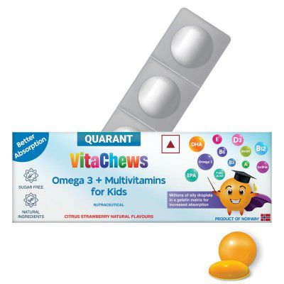 QUARANT VitaChews Kids Omega 3 Fish Oil DHA & EPA + Multivitamins Jelly Burst, Supports Healthy Brain, Balanced Immune System, Eye Health and Strong Teeth & Bones, Citrus Strawberry Natural Flavour (T