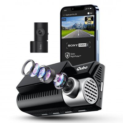 Qubo Car Dashcam Pro 3K | Sony STARVIS 2 IMX675 Sensor | Dual Channel | Hero Group | NightPulse Vision | 5MP UHD Front Wide, 2MP FHD Rear | 3.2" LCD| Built-in GPS, Wi-Fi, Mic|1TB Storage