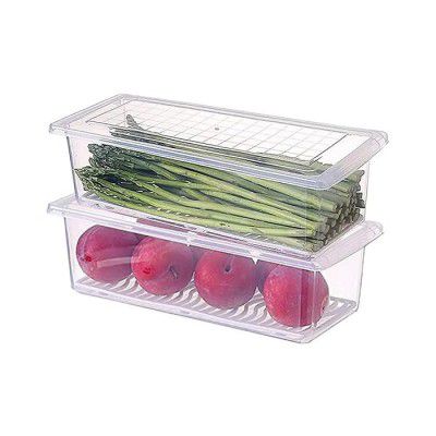 QXORE Vegetable Storage Box with Removable Drain Plate Stackable Freezer Storage Plastic Container Keep Fresh (1500 ml Transparent) (2)