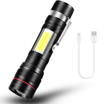 R A Products Aluminium Alloy Handheld Flashlight, Black, Pack of 1 LED Flashlight with Clip, 1 USB Cable, 1 Protective Case