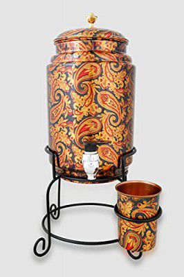 R Ayurveda Copper 5 Litre Hammered Copper Water Dispenser (Matka/Pot) Container Pot with 2 Copper Glass and Stand,Pure Copper and Ayurveda Health Benefits (5000 ml)