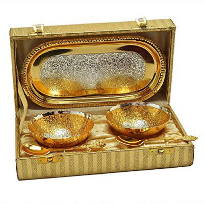 R Ayurveda Copper German Silver Single Bowl with Royal Velvet Box -2 Pieces Set (Pure Gold&Silver)