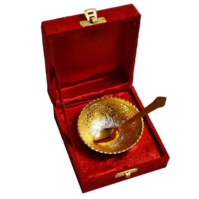 R Ayurveda Copper Silver/Gold Plated Single Round Bowl with Royal Velvet Box- 2 PCS Set