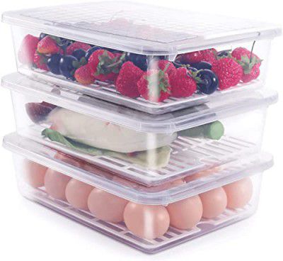 Raawan Fridge Storage Boxes (Pack of 6), Fridge Organizer with Removable Drain Plate, Stackable Portable Freezer Storage Containers Tray To Keep Fresh for Fish, Meat, Vegetables,Fruit (2500ml,Plastic)
