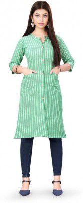 Radhe shyam creation  Women Striped Cotton Silk A-line Kurta  (Light Green)