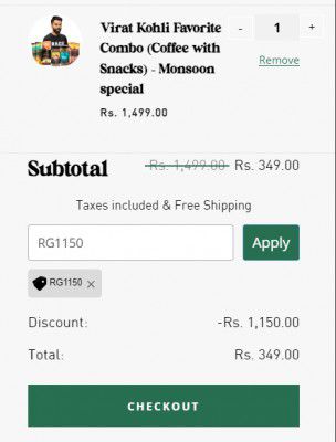 Rage Coffee Big Loot : 2 different flavour 50g Instant coffee + 2 Peanut Bars + 2 Almond bar + 1 pack of 5 Liquid coffee concentrate Sachets @ Rs.349