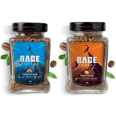 RAGE COFFEE Creme Caramel - Flavored Instant Coffee Powder(CREME CARAMEL, 50g) & Rage Coffee Instant Sparky Orange Flavour with 100% Arabica Beans | Strong Aroma with Rich Taste- 50g