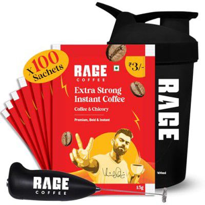 Rage Coffee Extra Strong Premium Blend Coffee Sachets - (Pack of 100) for Hot & Cold coffee Powder + M