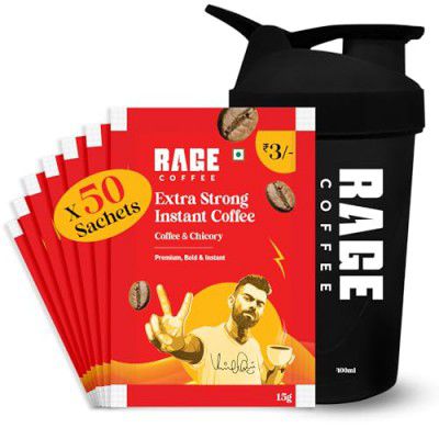 Rage Coffee Extra Strong Premium Blend Coffee Sachets - (Pack of 50) for Hot & Cold Coffee Powder + Multi-purpose Shaker 400 ml