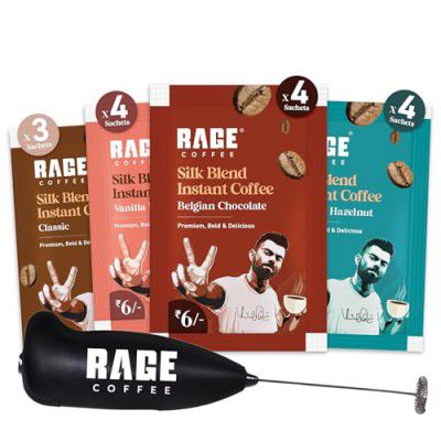 Rage Coffee - Silk Blend Assorted Sachets & Frother Coffee Kit Combo (15 X 1.5 Gram Sachets) | 3 Classic, 4 Creamy Hazelnut, 4 Vanilla Velvet & 4 Belgian Chocolate Flavours & Beater