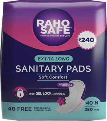 RAHO SAFE Sanitary Pad Extra Long with Biodegradable Disposable Bags (40 Pads Count) Sanitary Pad (Pack of 40)
