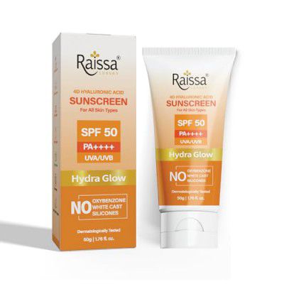 Raissa Luxury 4D Hyaluronic Acid Brightening and Hydrating Sunscreen SPF 50, PA++++, UVA/UVB Broad Spectrum, 50g No Silicone, No Oxybenzone, No Whitecast, All Skin types
