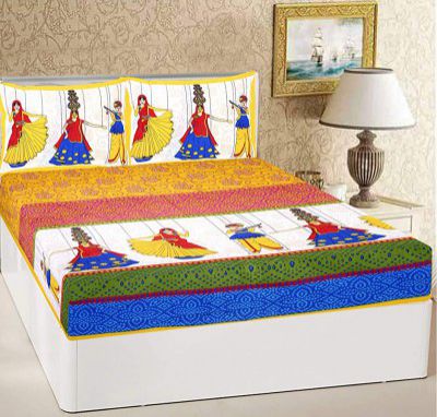 RajasthaniKart Comfort Rajasthani Jaipuri Traditional Sanganeri Print 144 TC Cotton Double Size Bedsheet with 2 Pillow Covers (Yellow,Floral)