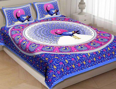 RajasthaniKart® Pure 100% Cotton Double Bed Sheet with 2 Pillow Covers (Bedsheet for Double Bed Cotton, Blue More Jaipuri, King Size, 732_104TC)