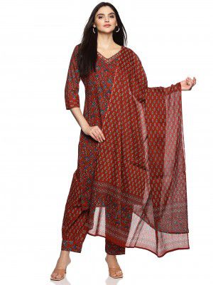 RAJMANDIRFABRICS Women's Cotton Hand Work Floral Printed Straight Kurta Pant With Dupatta Set