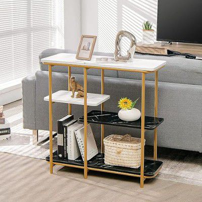 Rakhi Arts Wrought Iron Marbled Finish Sofa Console Table - Elegant Narrow Entryway Table with 4-Tier Storage for Living Room, Entrance, or Corridor