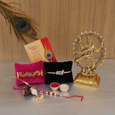 Rakhi for Brother with Gift Combo - Rakhi Gift for Brother and Bhabhi - Rakshabandhan Gifts for Sister Bhaiya Bhabhi - Shiva Idol Natraj Statue/Bhai Rakhi/Lumba Rakhi/Greeting Card