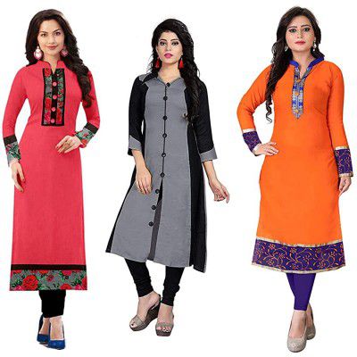 RAMDEV Womens Cotton Straight Kurta (Pack of 3) (Combo Kurti for Girl1_Multi_Free Size)