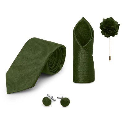 Random Stripe Men Formal/Casual Micro Silk Neck Tie, Pocket Square Accessory Gift Set with Cufflinks and Laple Pin- Set of 4